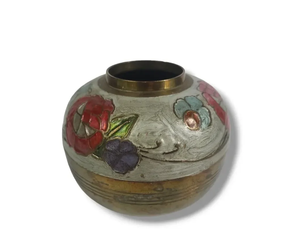 Vintage Brass Cloisonne Floral Painted Decorative Ball Shaped Pot India